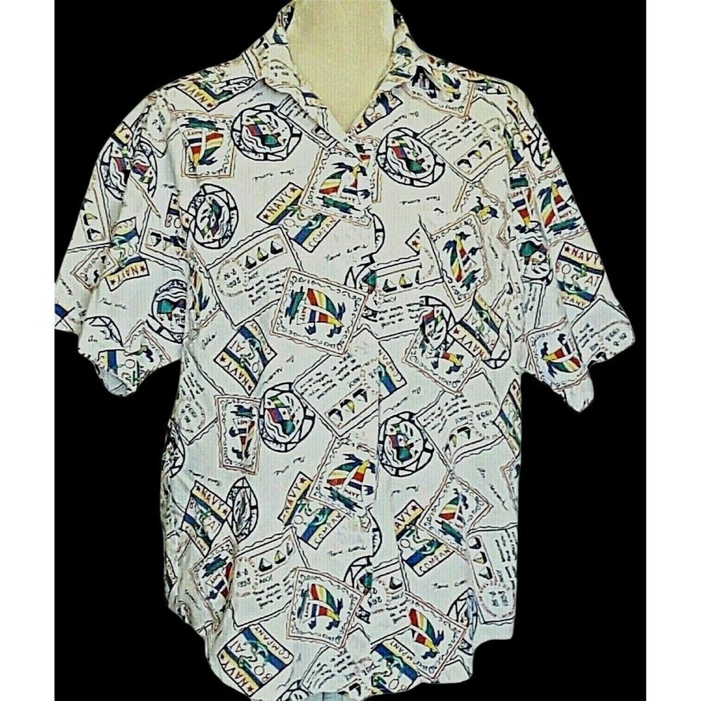 Huntington Ridge Vtg Women's Top L Nautical White Short Sleeve Boats Button Fron